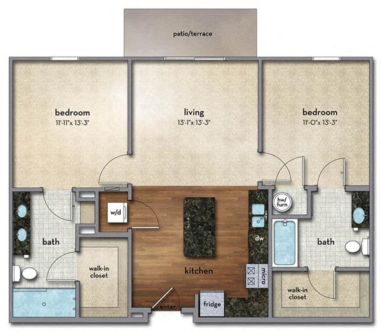 Floor plan for 2 beds, 2 baths, 1028 sqft