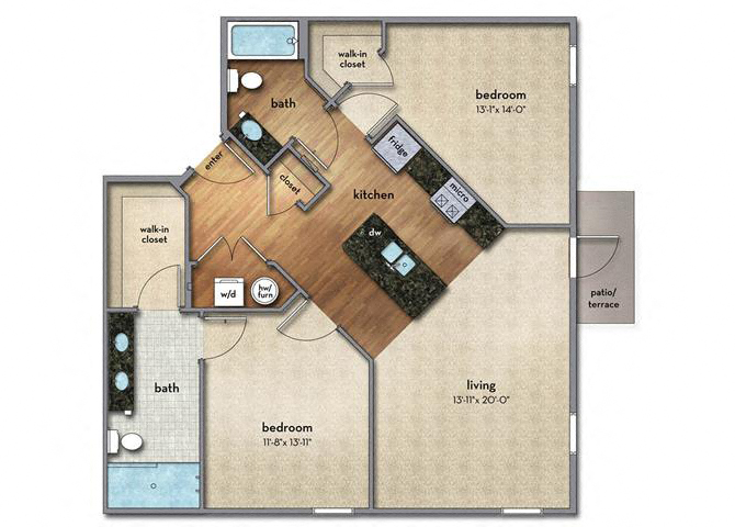 Floor plan for 2 beds, 2 baths, 1100 sqft