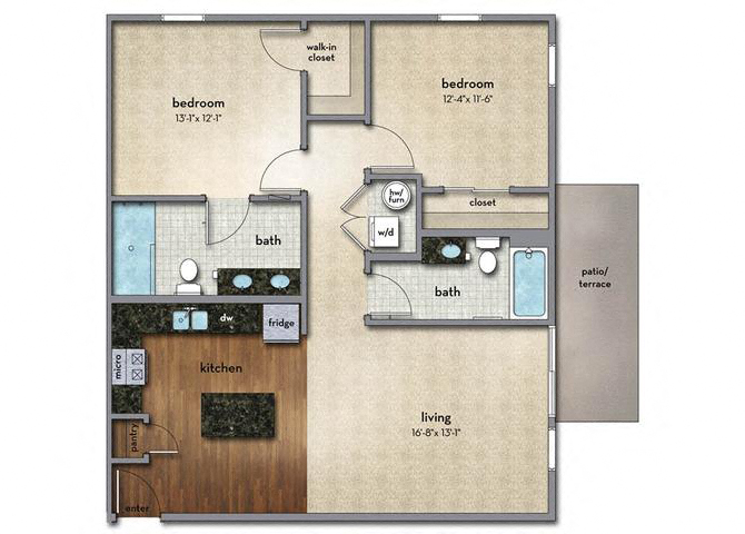Floor plan for 2 beds, 2 baths, 1082 sqft