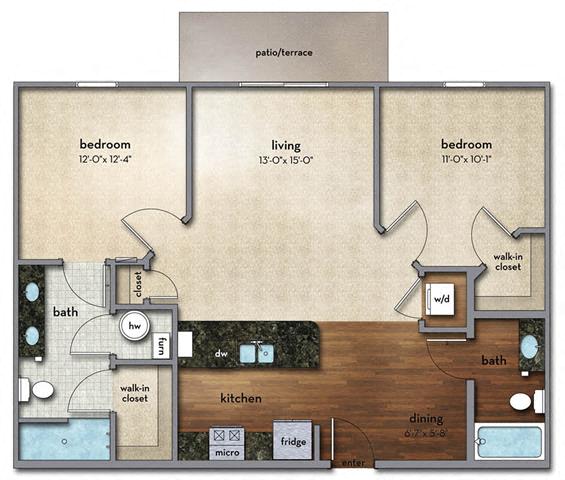 Floor plan for 2 beds, 2 baths, 1039 sqft