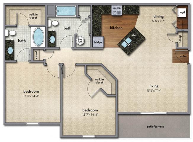 Floor plan for 2 beds, 2 baths, 1239 sqft
