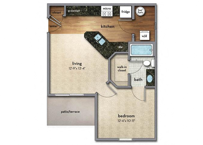Floor plan for 1 bed, 1 bath, 603 sqft