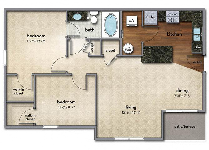 Floor plan for 1 bed, 1 bath, 906 sqft
