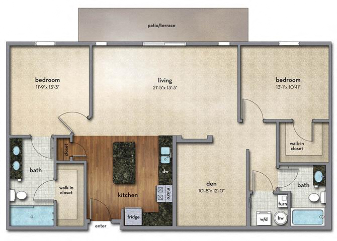 Floor plan for 2 beds, 2 baths, 1292 sqft