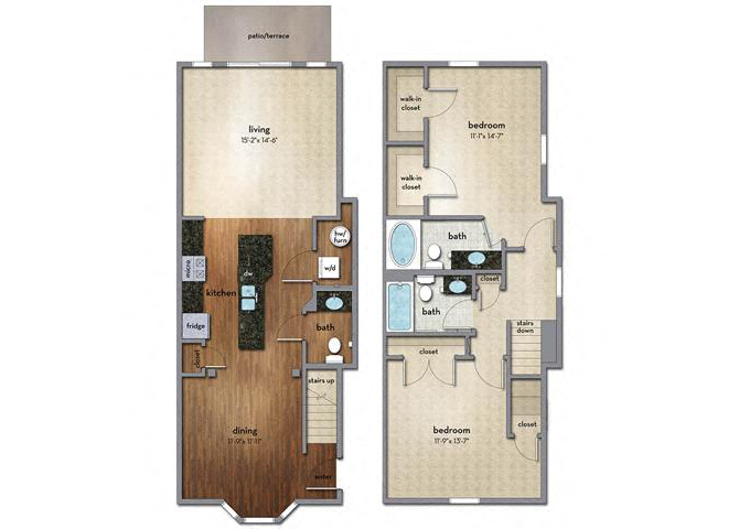 Floor plan for 2 beds, 2.5 baths, 1449 sqft