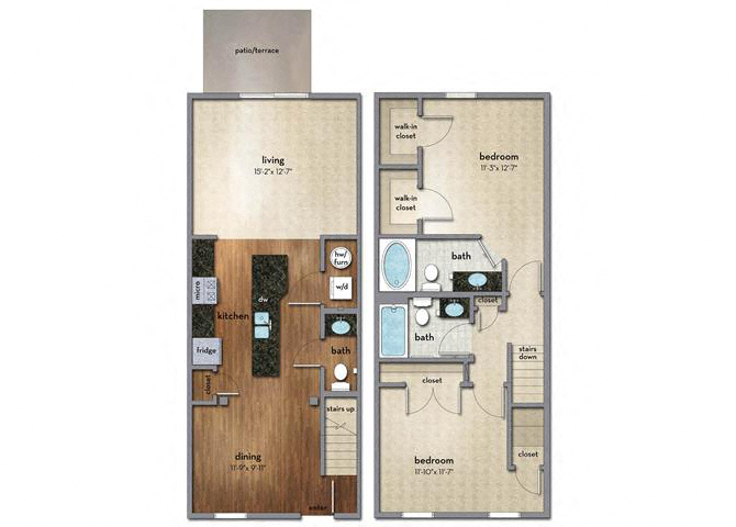 Floor plan for 2 beds, 2.5 baths, 1266 sqft