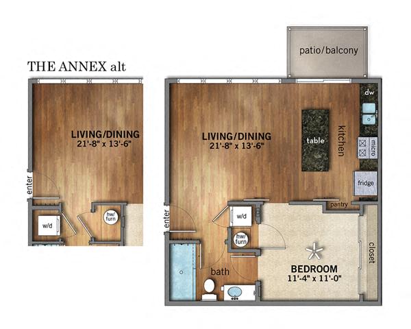 Floor plan for 1 bed, 1 bath, 625 sqft