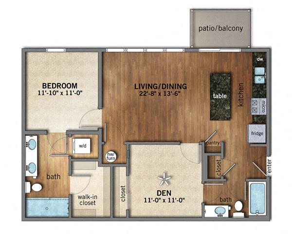 Floor plan for 1 bed, 2 baths, 946 sqft