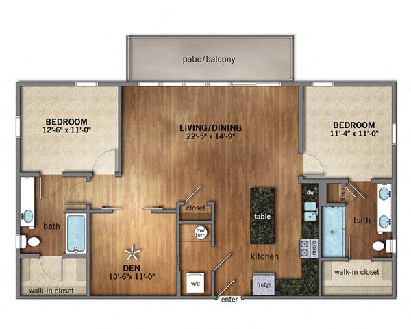 Floor plan for 2 beds, 2 baths, 1303 sqft