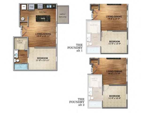 Floor plan for 1 bed, 1 bath, 658 sqft