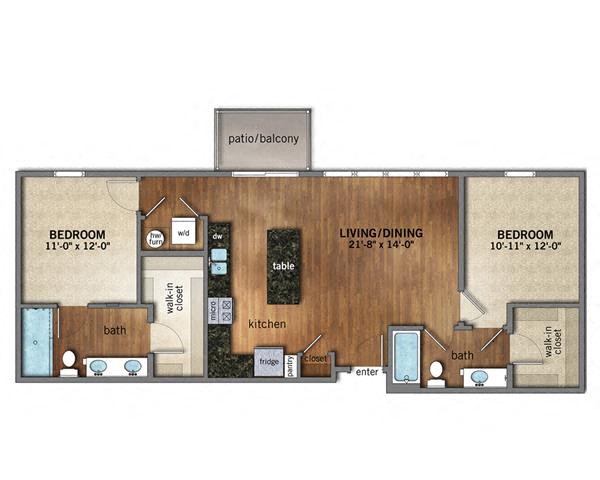 Floor plan for 2 beds, 2 baths, 1072 sqft