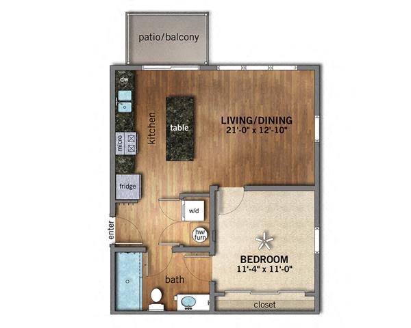 Floor plan for 1 bed, 1 bath, 629 sqft