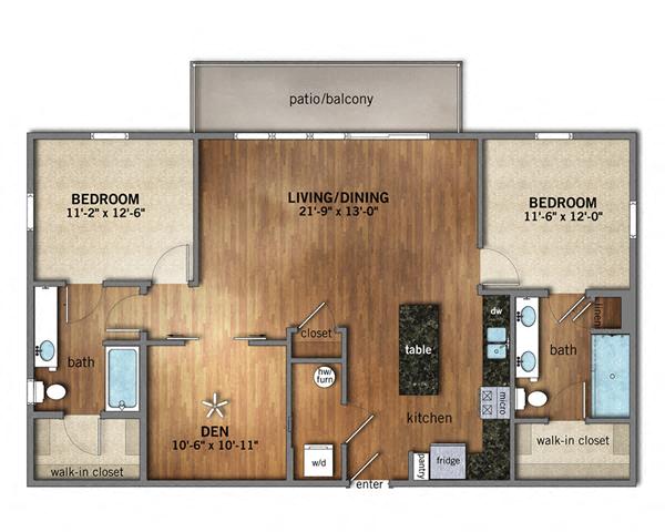 Floor plan for 2 beds, 2 baths, 1292 sqft