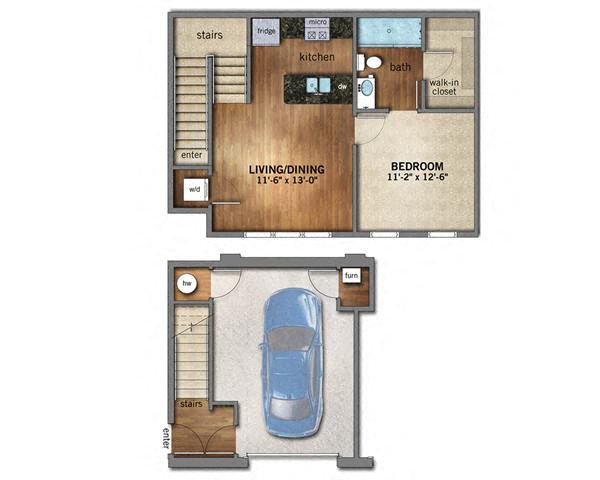 Floor plan for 1 bed, 1 bath, 695 sqft