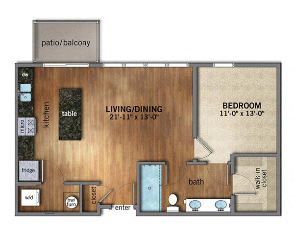 Floor plan for 1 bed, 1 bath, 748 sqft
