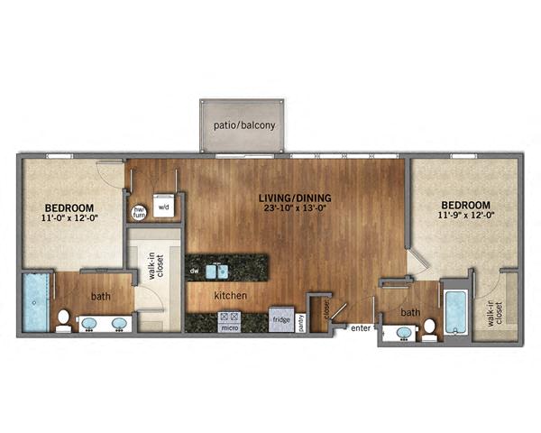 Floor plan for 2 beds, 2 baths, 1074 sqft