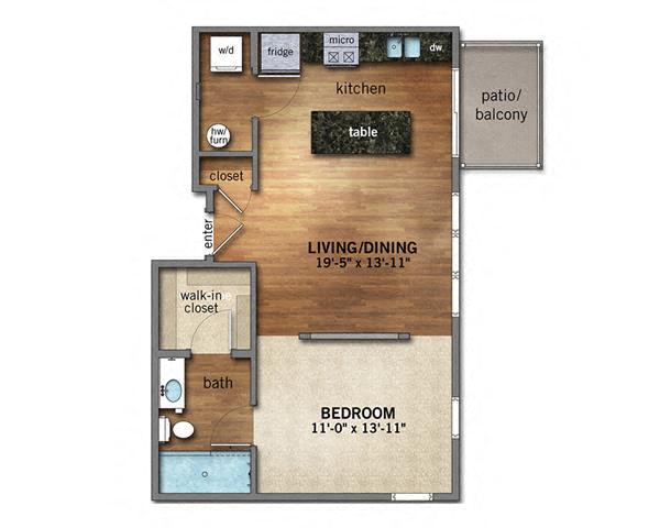 Floor plan for 1 bed, 1 bath, 675 sqft