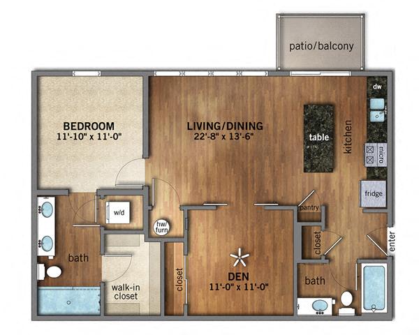Floor plan for 1 bed, 2 baths, 946 sqft