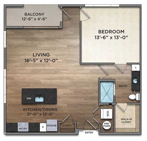 Floor plan for 1 bed, 1 bath, 879 sqft