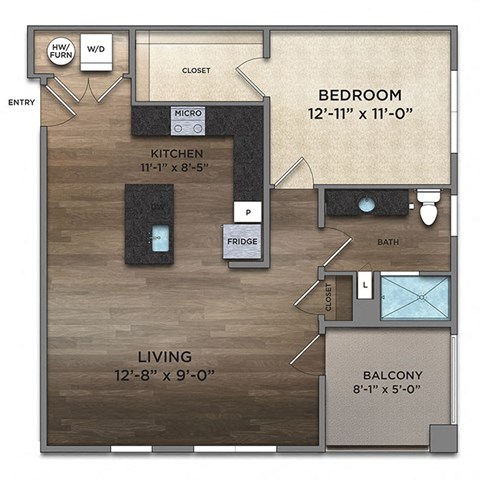 Floor plan for 1 bed, 1 bath, 843 sqft