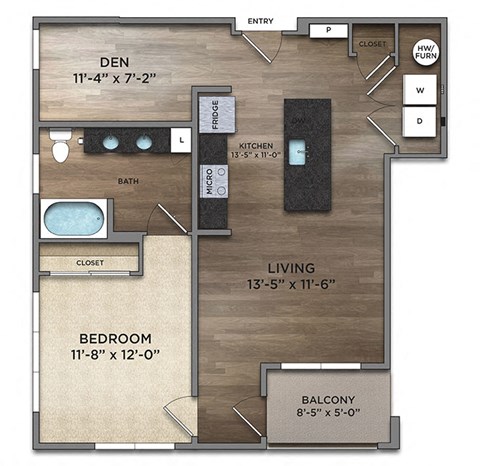 Floor plan for 1 bed, 1 bath, 854 sqft
