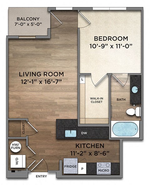 Floor plan for 1 bed, 1 bath, 655 sqft