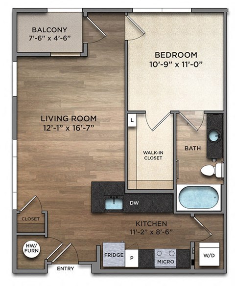 Floor plan for 1 bed, 1 bath, 680 sqft