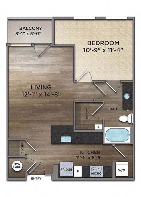 Floor plan for 1 bed, 1 bath, 690 sqft