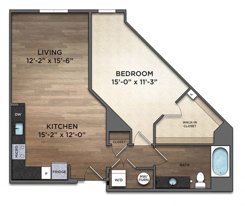 Floor plan for 1 bed, 1 bath, 848 sqft