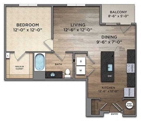 Floor plan for 1 bed, 1 bath, 796 sqft