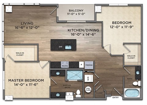 Floor plan for 2 beds, 2 baths, 1260 sqft