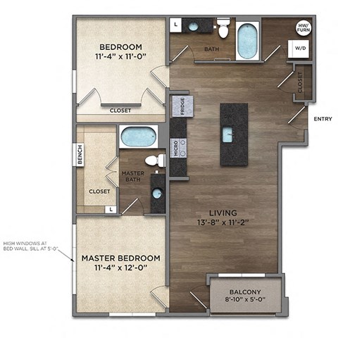 Floor plan for 2 beds, 2 baths, 1044 sqft
