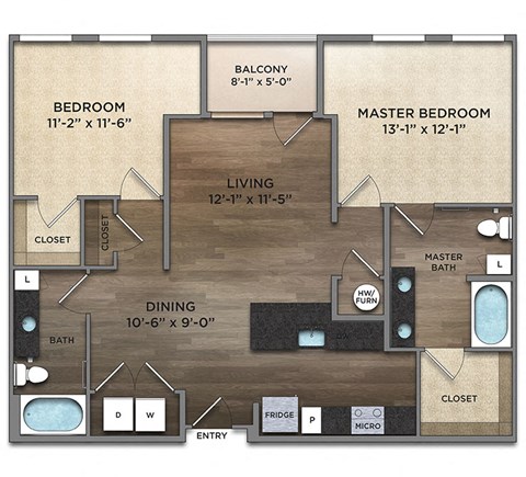 Floor plan for 2 beds, 2 baths, 1128 sqft