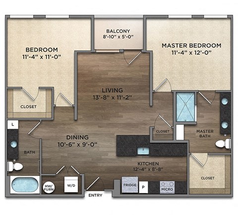 Floor plan for 2 beds, 2 baths, 1128 sqft