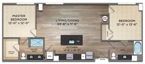 Floor plan for 2 beds, 2 baths, 1113 sqft