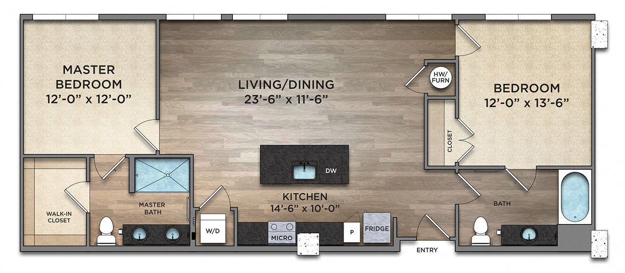 Floor plan for 2 beds, 2 baths, 1113 sqft