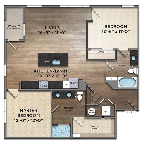 Floor plan for 2 beds, 2 baths, 1194 sqft