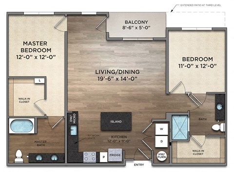 Floor plan for 2 beds, 2 baths, 1198 sqft