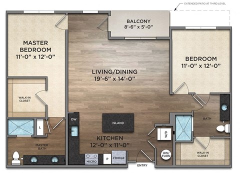 Floor plan for 2 beds, 2 baths, 1198 sqft
