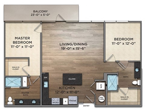 Floor plan for 2 beds, 2 baths, 1155 sqft