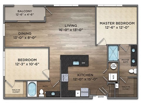 Floor plan for 2 beds, 2 baths, 1220 sqft