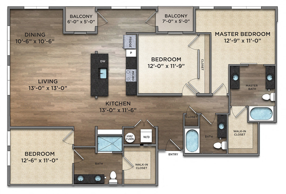 Floor plan for 3 beds, 3 baths, 1733 sqft