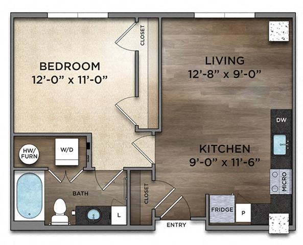 Floor plan for 1 bed, 1 bath, 600 sqft