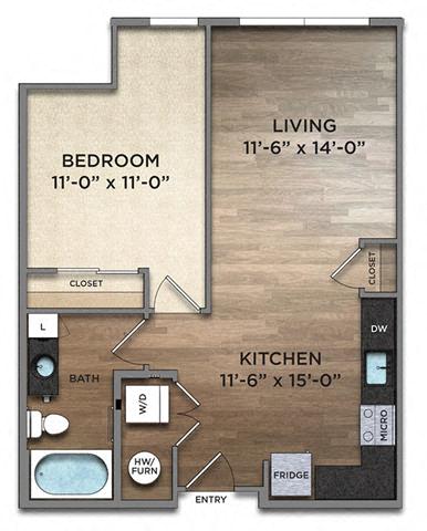 Floor plan for 1 bed, 1 bath, 677 sqft