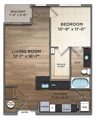Floor plan for 1 bed, 1 bath, 680 sqft