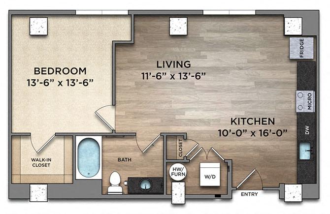 Floor plan for 1 bed, 1 bath, 755 sqft