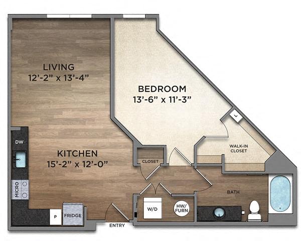 Floor plan for 1 bed, 1 bath, 774 sqft