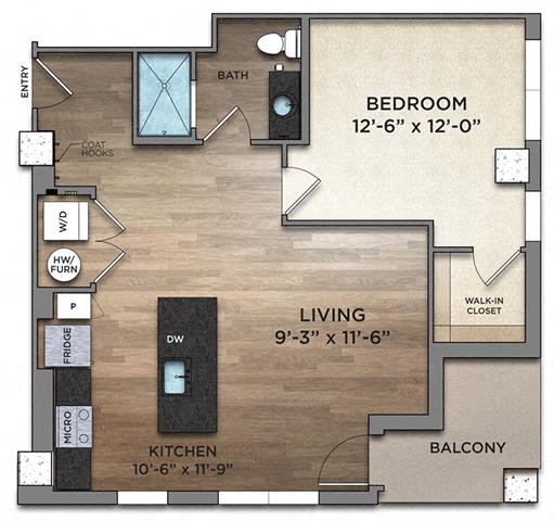 Floor plan for 1 bed, 1 bath, 774 sqft