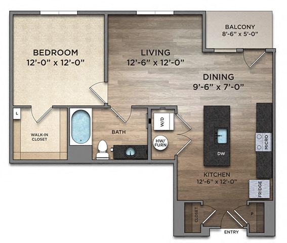 Floor plan for 1 bed, 1 bath, 796 sqft