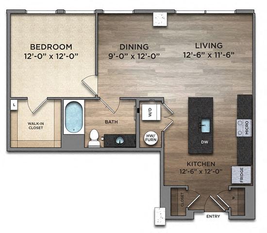 Floor plan for 1 bed, 1 bath, 842 sqft